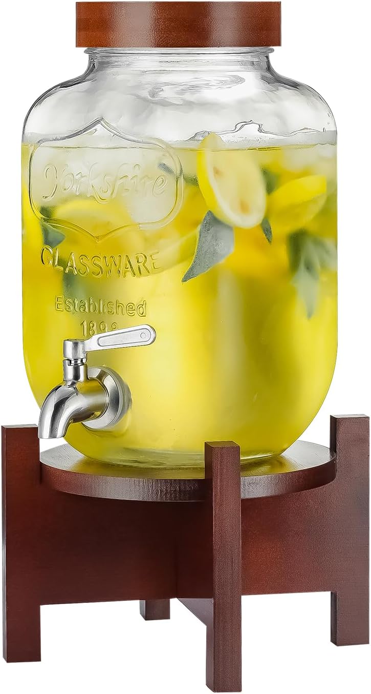 PTSTING Glass Drink Dispenser with Acacia Wood Stand and Lid,1 Gallon Beverage Dispenser with Stainless Steel Spigot for Parties,Picnics,Barbecues,Lemonade,Sun tea Jar,ice coffee,Laundry Detergent Dispenser - Image 1